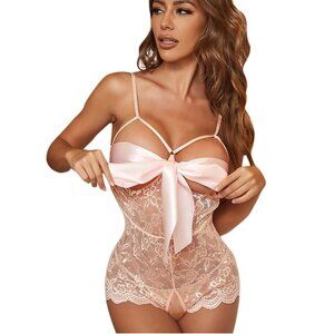 Self Knot Front Teddy Lingerie One Piece Floral  - Pink Color